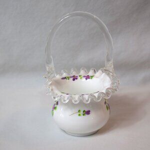 Vintage Fenton Silver Crest Milk Glass Basket Hand Painted  Violets In The Snow